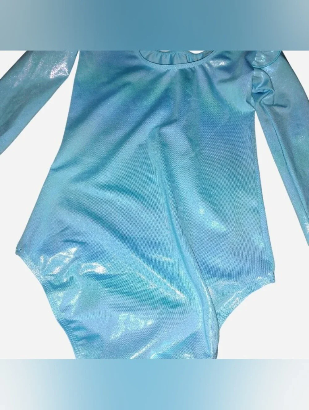 New NWT Girls Light Blue Metallic Shimmer Long Sleeve Leotard Ruffle Shoulder